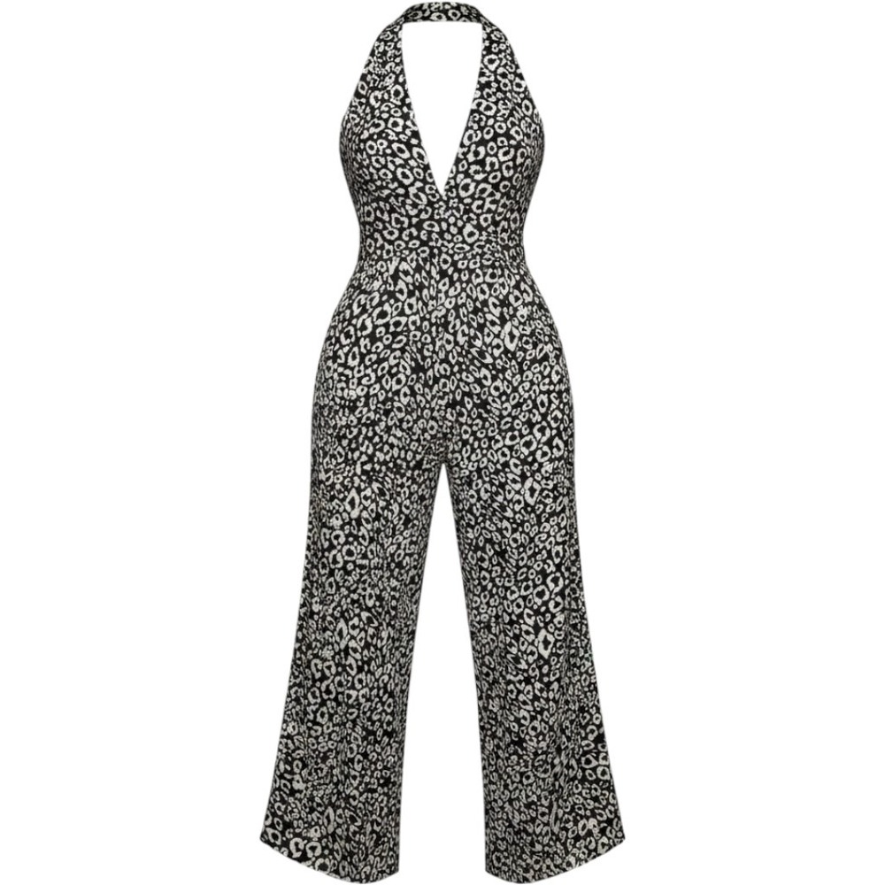 Nasty Gal Womens Leopard Print Halter Wide Leg Jumpsuit Black White Size 6 - Picture 1 of 8